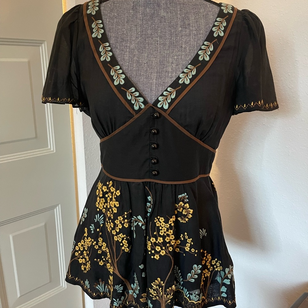 Anthropologie Black Floral Embroidered Top